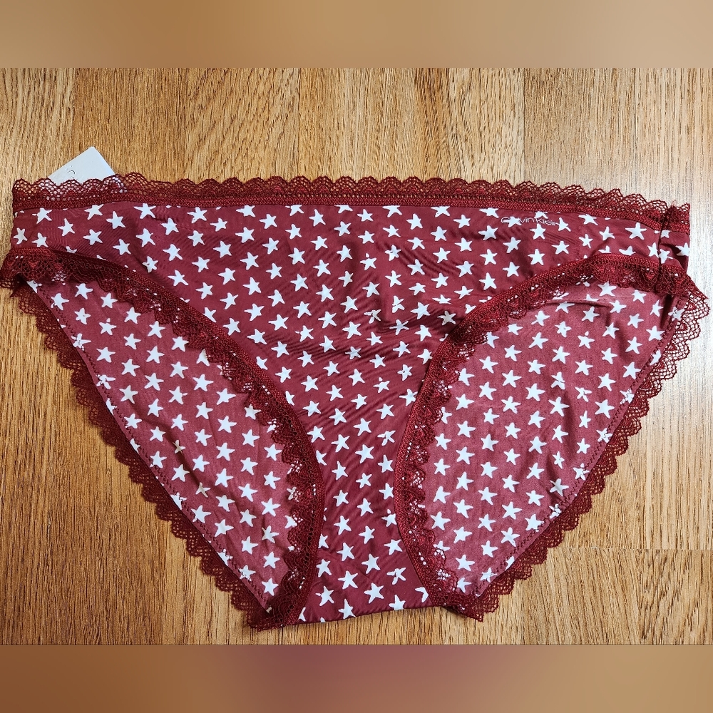 Calvin Klein Red Bikini w/ White Stars Size Large Lace Trim NWT - Picture 3 of 6